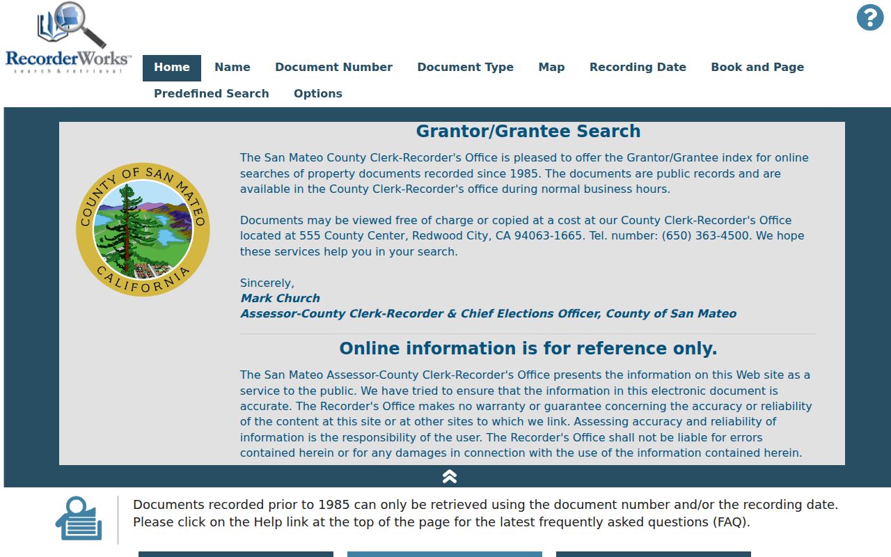 Foster City people search RecorderWorks grantor grantee index
