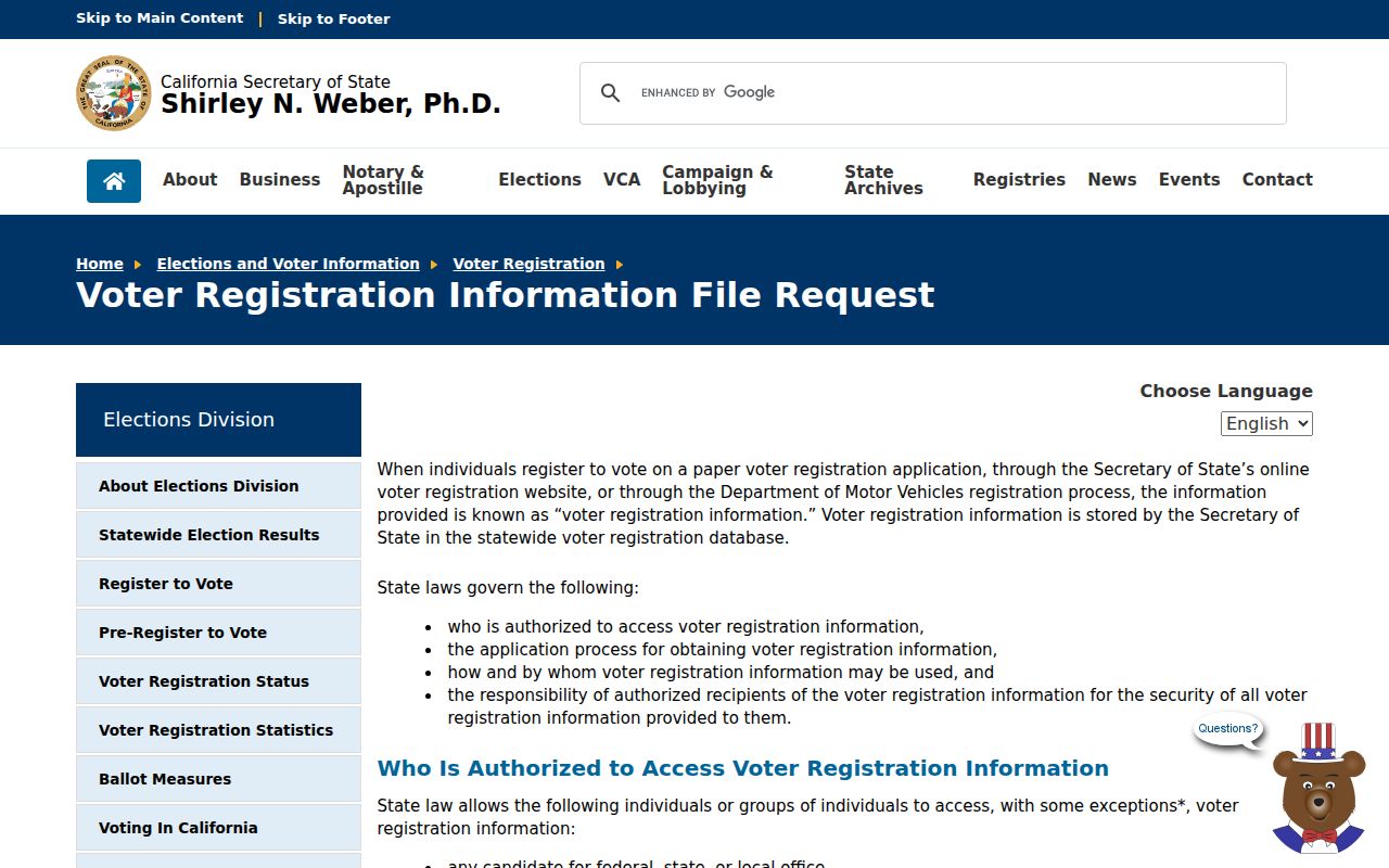 Foster City voter registration records Secretary of State voter-file request page